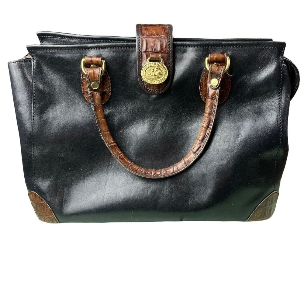 Brahmin Black Leather Tote Bag Brown Croc Embossed Handle Satchel Gold Hardware - Picture 2 of 14